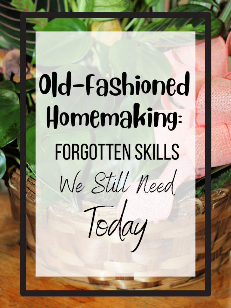 Picture of a potted plant with the post title: old-fashioned homemaking: forgotten skills we still need today.