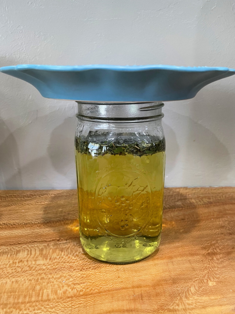 Picture of tea steeping in a mason jar on a wooden counter.