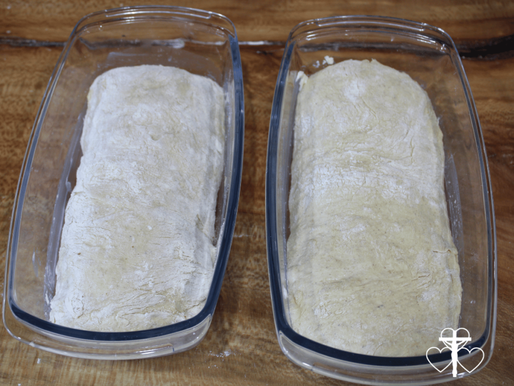 Picture of two rolls of dough in bread pans on a wooden counter.
