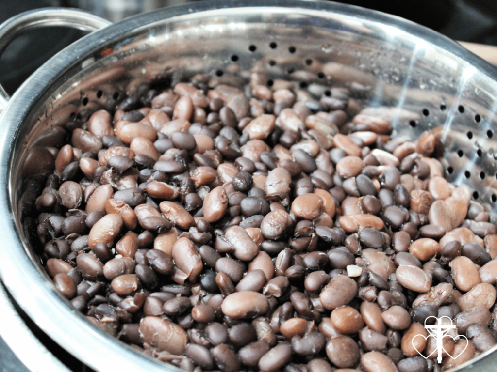 Picture of beans in a stainless steel colander.